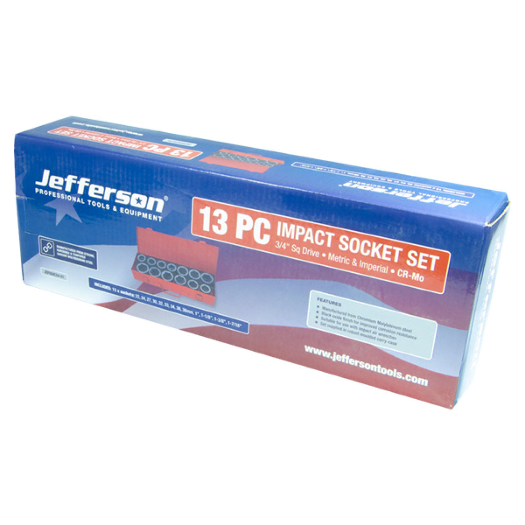 Jefferson 13-piece three-quarter-inch impact socket set retail packaging