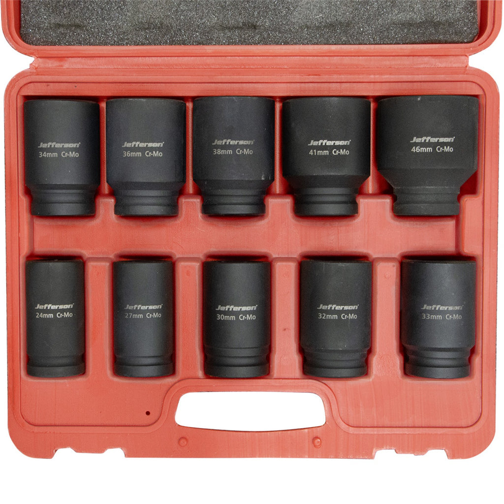 Jefferson 10-piece three-quarter-inch deep impact socket set in an open red moulded carry case