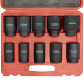 Jefferson 10-piece three-quarter-inch deep impact socket set in an open red moulded carry case