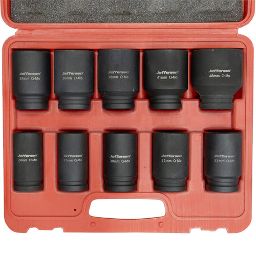 Jefferson 10-piece three-quarter-inch deep impact socket set in an open red moulded carry case