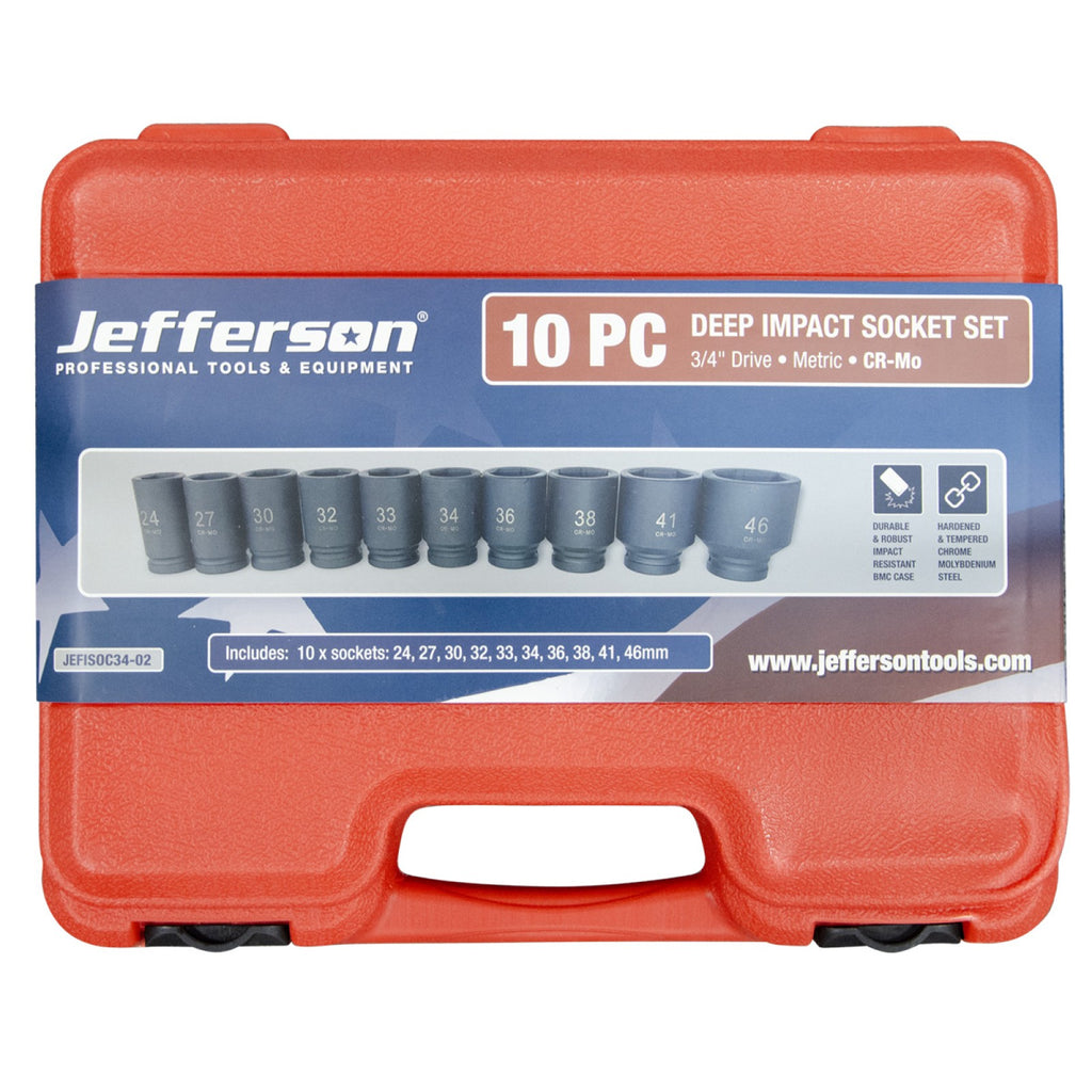 Jefferson 10-piece deep impact socket set in red carry case with labelled retail sleeve