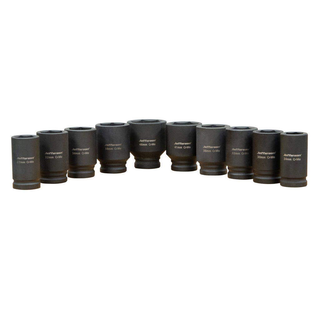 Jefferson Chromium-Molybdenum deep impact sockets from 24mm to 46mm arranged in a row