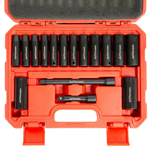 Jefferson 16-piece three-eighth-inch deep impact socket set with 14 sockets and two extension bars in an open red case