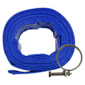 Blue Jefferson 50mm x 10m layflat hose coiled beside the supplied metal hose clamp, JEFLFLHO5050-10