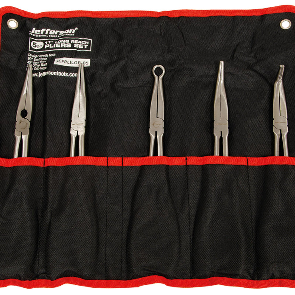 Jefferson five piece long reach plier set in black and red canvas storage pouch