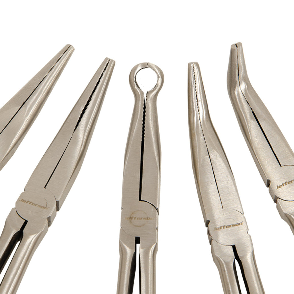 Close-up of Jefferson long reach plier noses including hose grip and bent nose styles