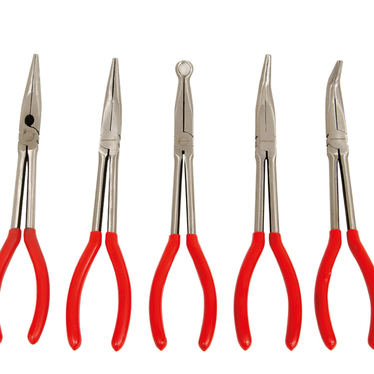 Jefferson JEFPLILGR-05 five long reach pliers with red rubber grip handles