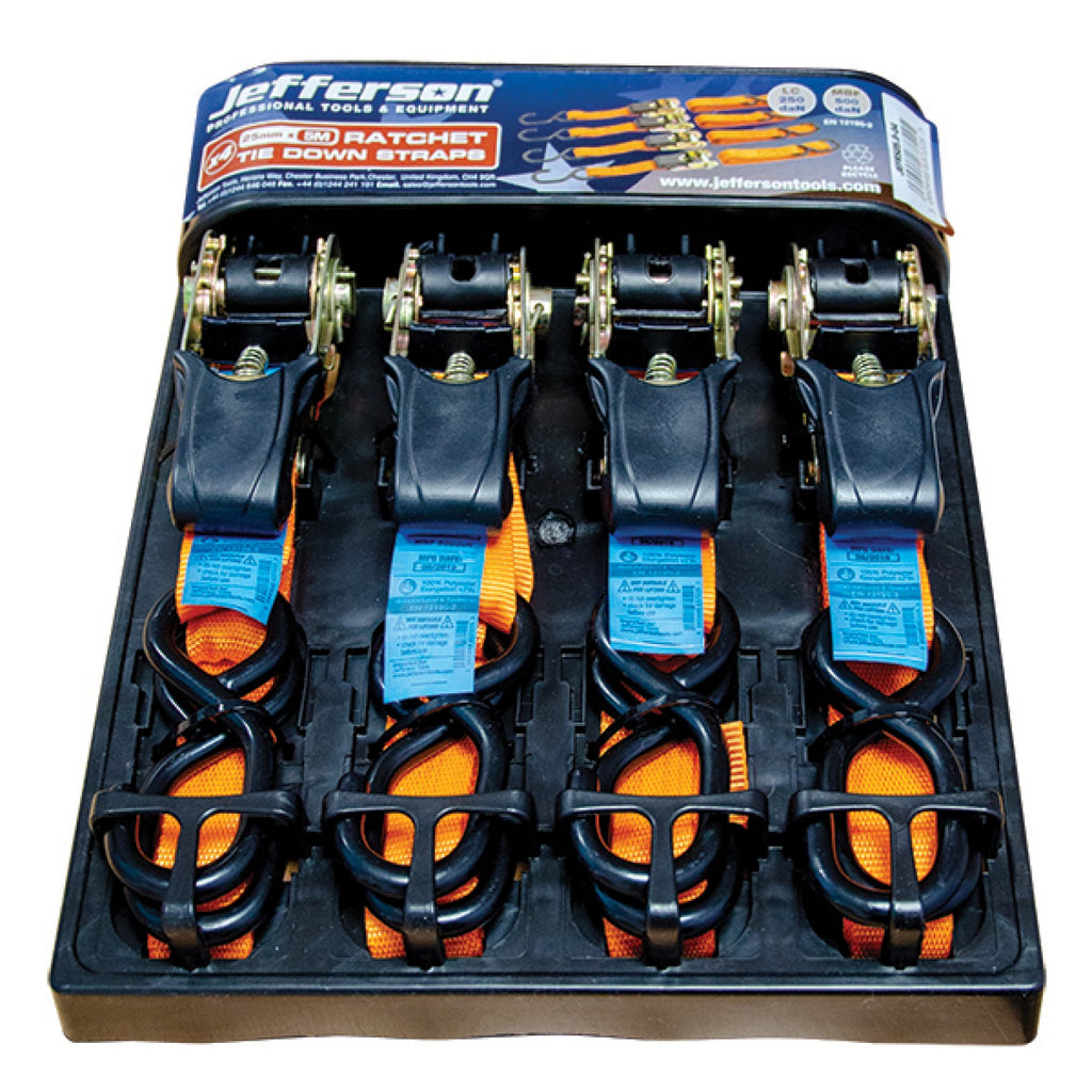 Jefferson pack of four orange ratchet straps in retail packaging