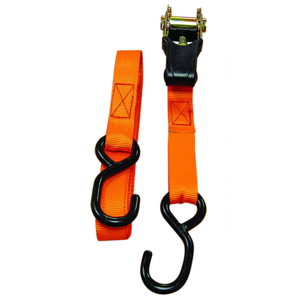 Jefferson orange ratchet strap showing ratchet mechanism and black hooks