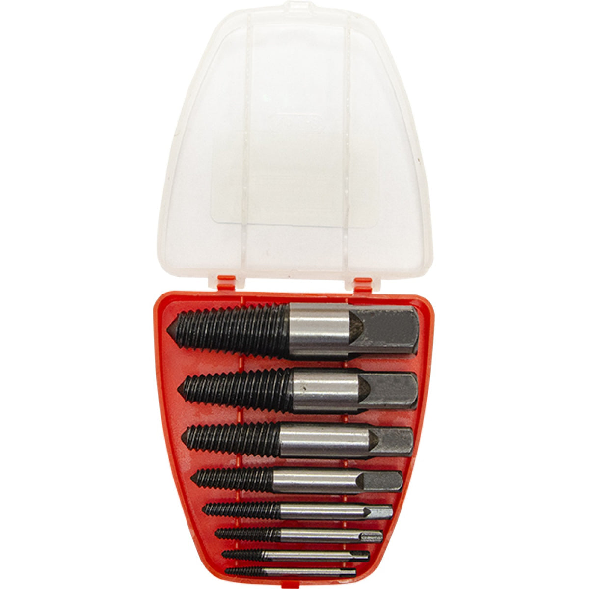 Jefferson eight piece screw and stud extractor set in an open red case with a translucent lid