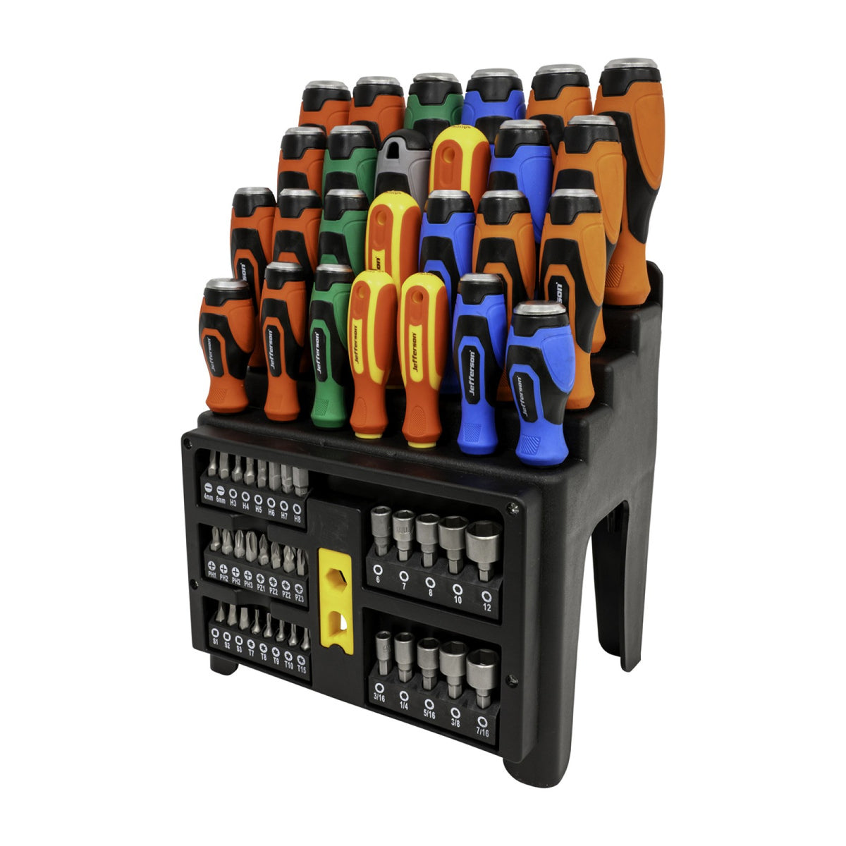 Jefferson 61 piece screwdriver set with colour-coded handles, hex bits and nut drivers in wall-mountable stand