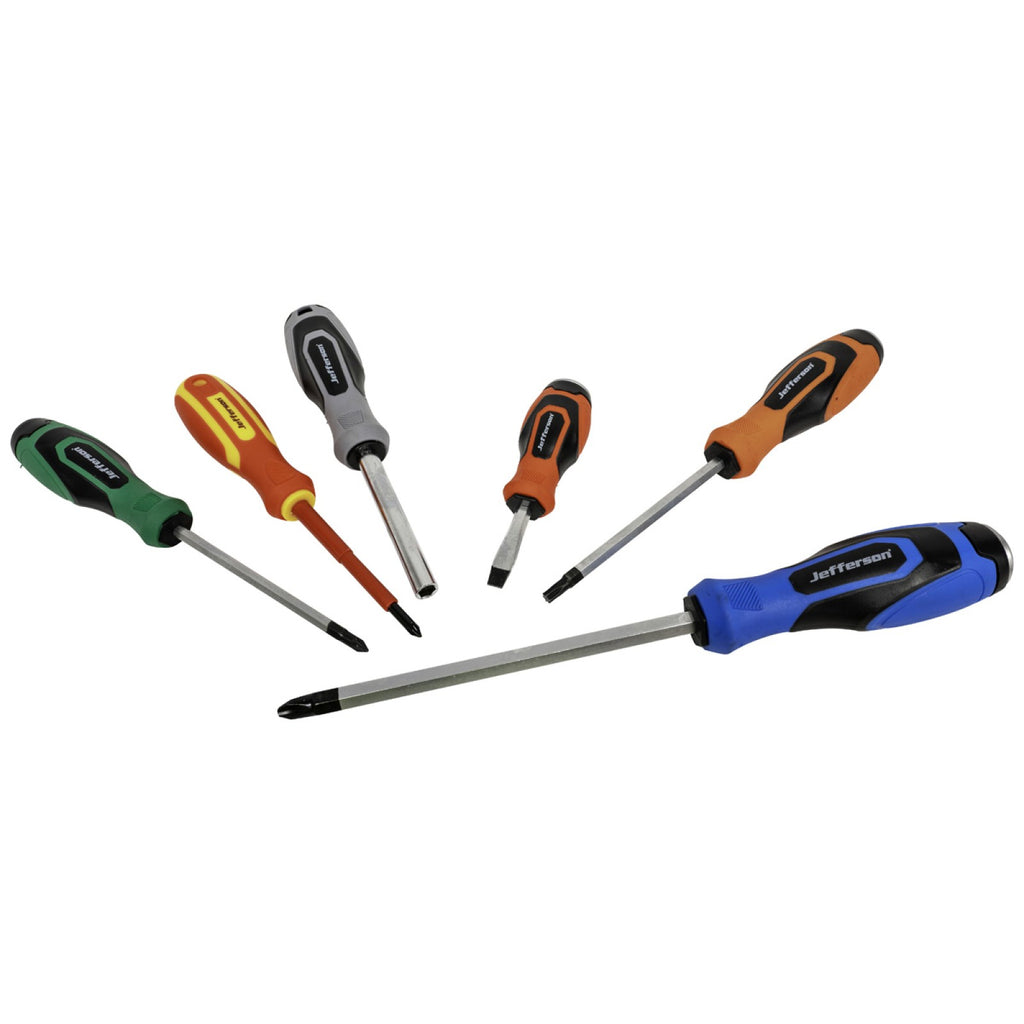 Six Jefferson screwdrivers with colour-coded soft grip handles displayed individually
