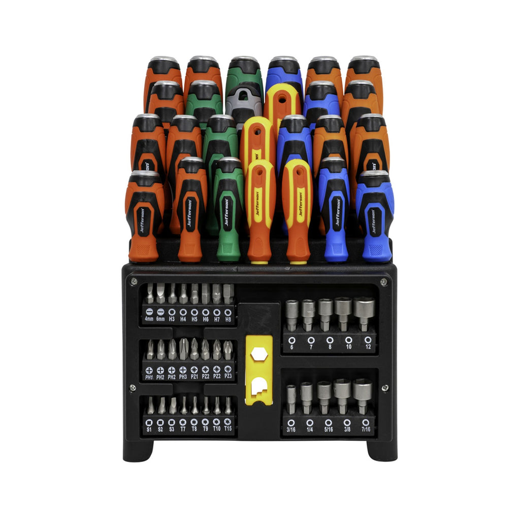 Close-up of hex bits and metric and imperial nut drivers in screwdriver stand