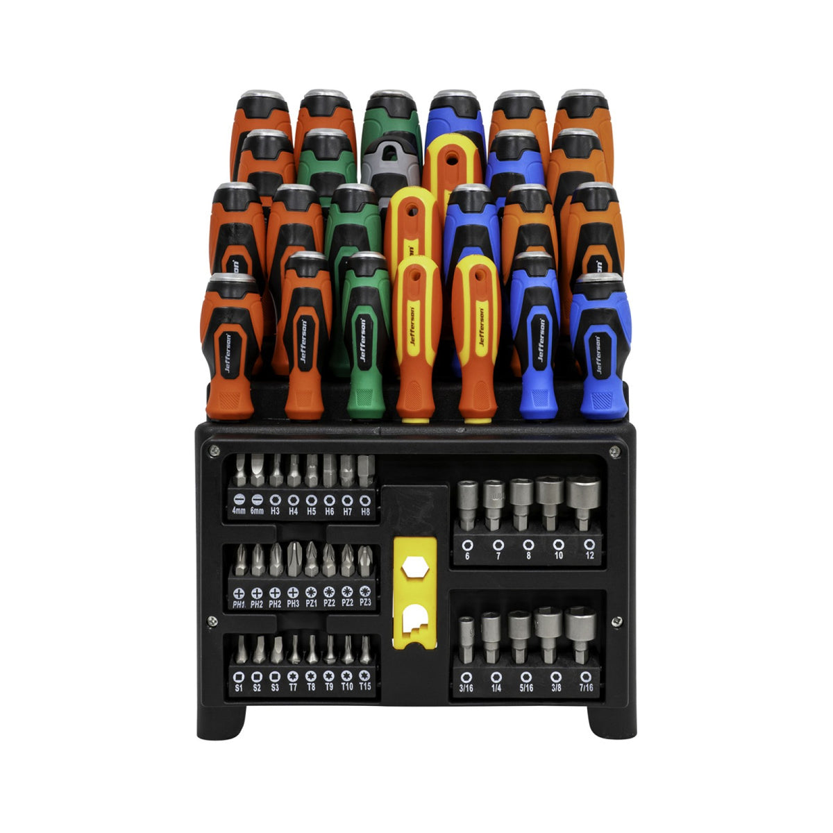 Close-up of hex bits and metric and imperial nut drivers in screwdriver stand