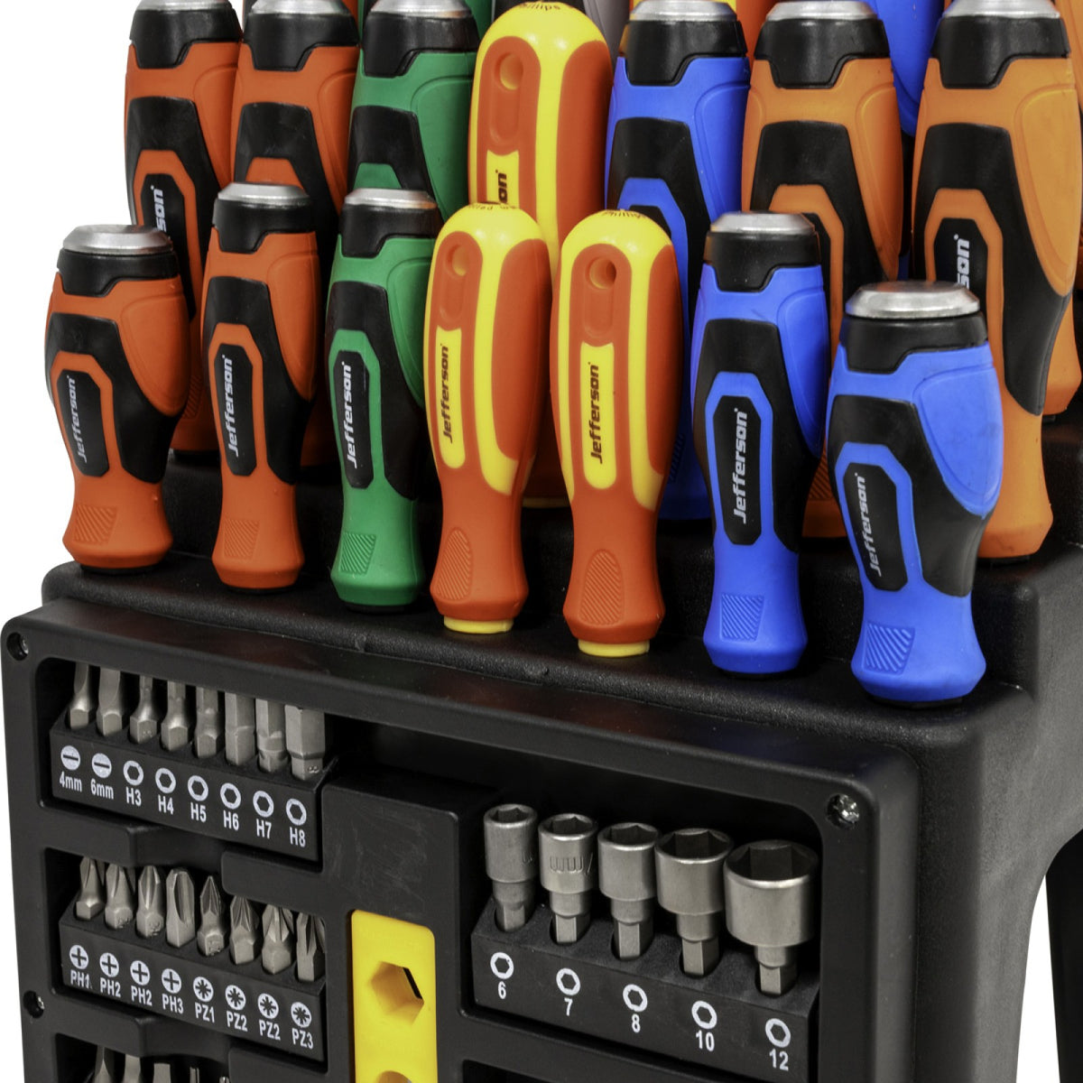 Front of screwdriver stand with bits, nut drivers and detachable screwdriver handle