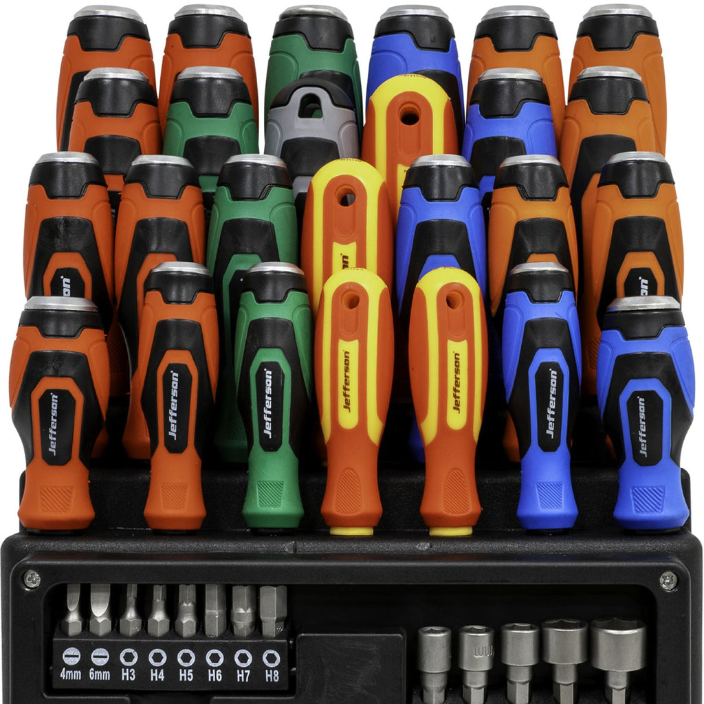 Front view of Jefferson 61 piece screwdriver set in wall-mountable display stand