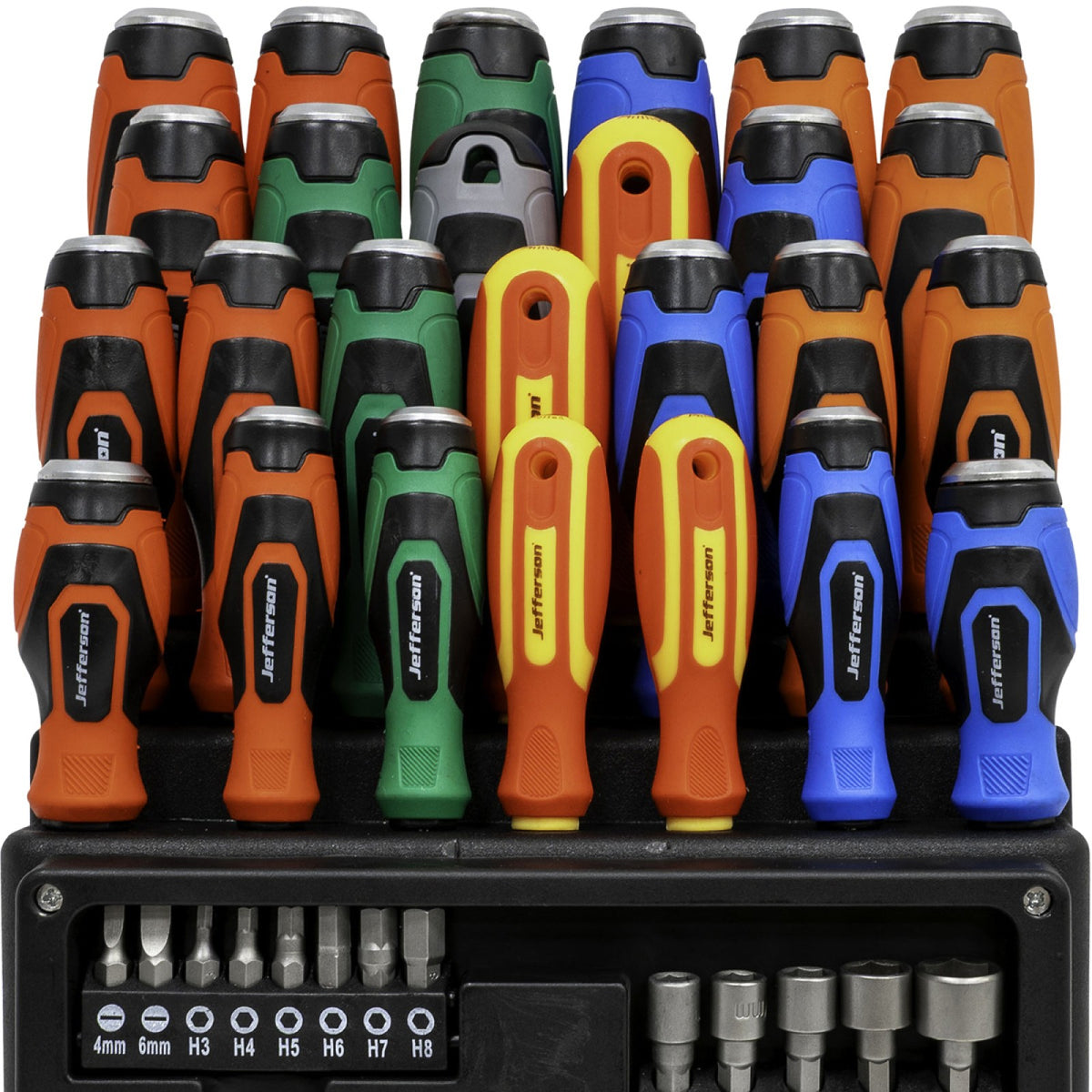 Front view of Jefferson 61 piece screwdriver set in wall-mountable display stand