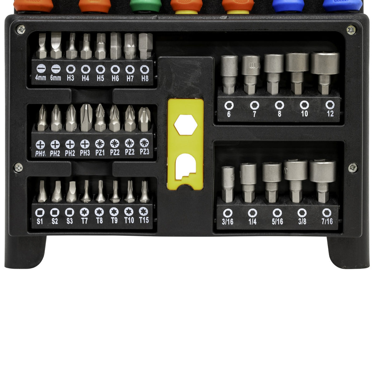 Close-up of colourful soft-grip screwdriver handles and bits in Jefferson set