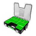 Jefferson Pro deep storage case with clear lid open, ten green trays, black body and metal clips