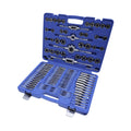 Jefferson 110 piece metric and imperial tap and die set in an open blue carry case, showing taps, dies and wrenches
