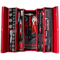 Jefferson 85 piece mechanics tool set laid out in open red five-tray cantilever toolbox