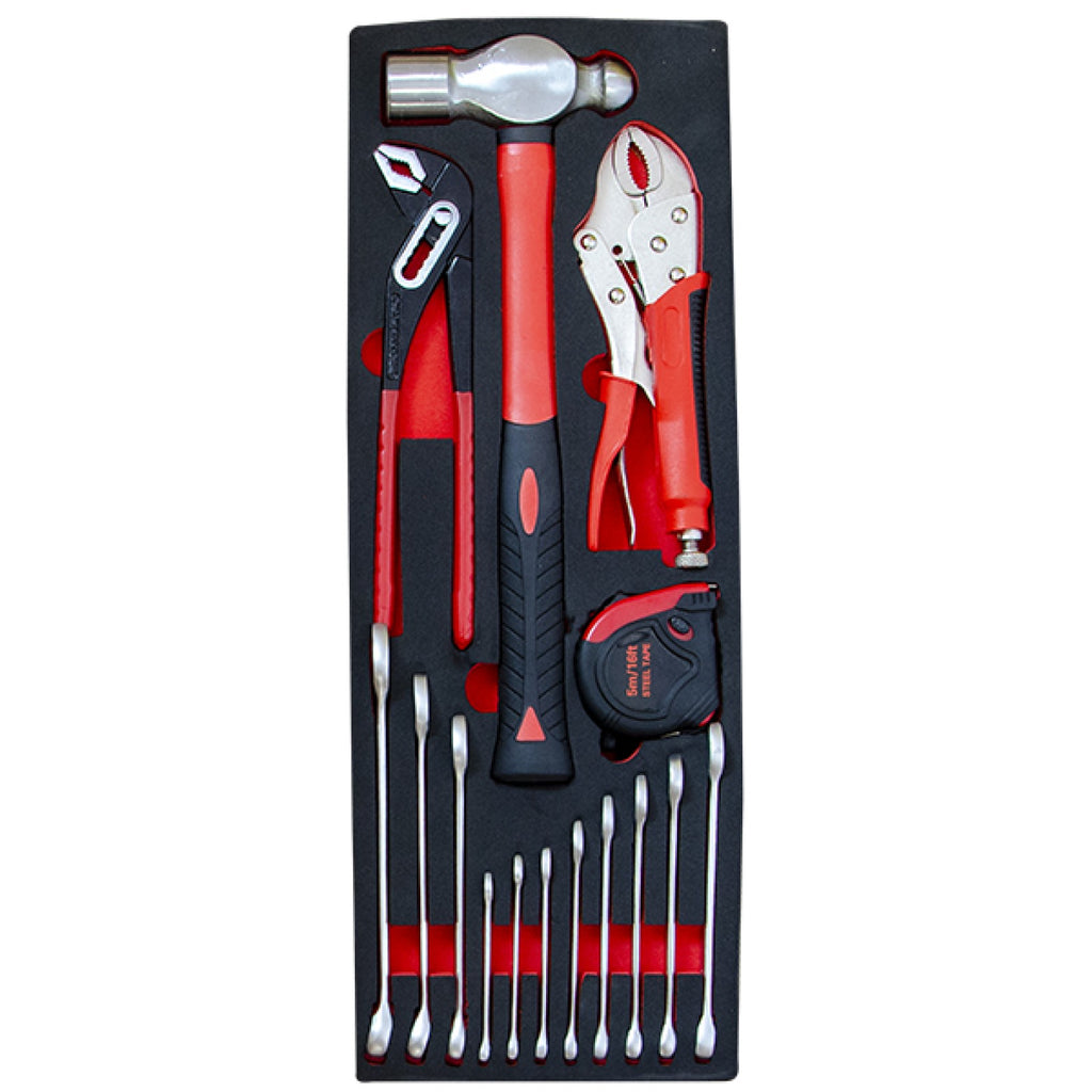 Tray with ratchet, extension bars, sockets and drive accessories