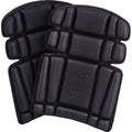 Traega KP01F black polyethylene foam kneepad inserts shown as a pair, with Traega branding and knee orientation label embossed on surface