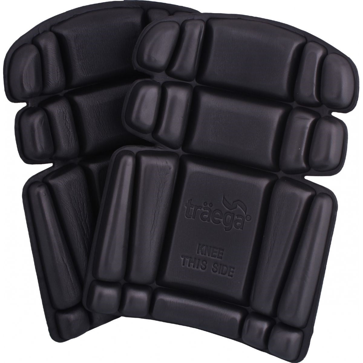 Traega KP01F black polyethylene foam kneepad inserts shown as a pair, with Traega branding and knee orientation label embossed on surface
