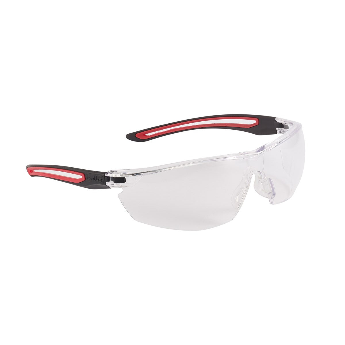Bollé Gunfire safety glasses with clear PLATINUM lens and red/black temples — side profile view