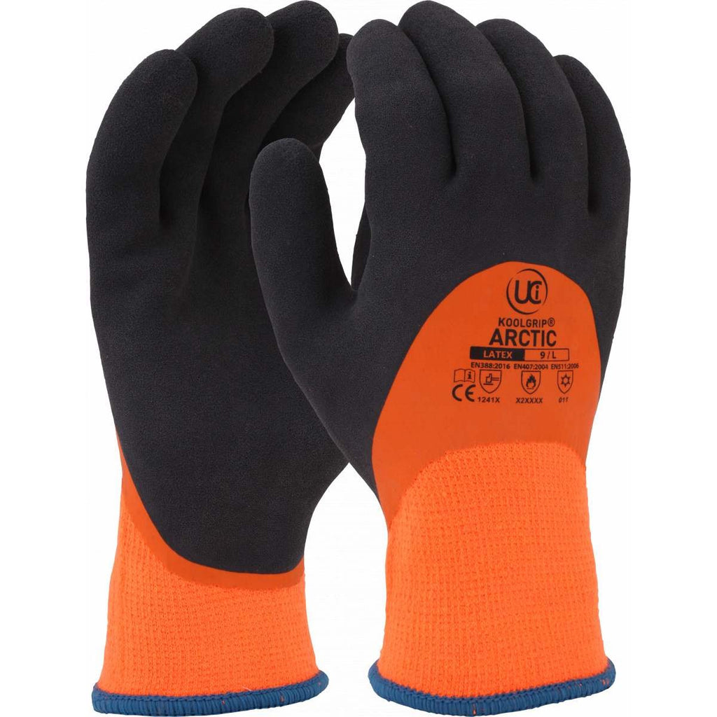 KoolGrip Arctic orange thermal glove with black dual latex coating, shown palm and back of hand