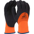 KoolGrip Arctic orange thermal glove with black dual latex coating, shown palm and back of hand