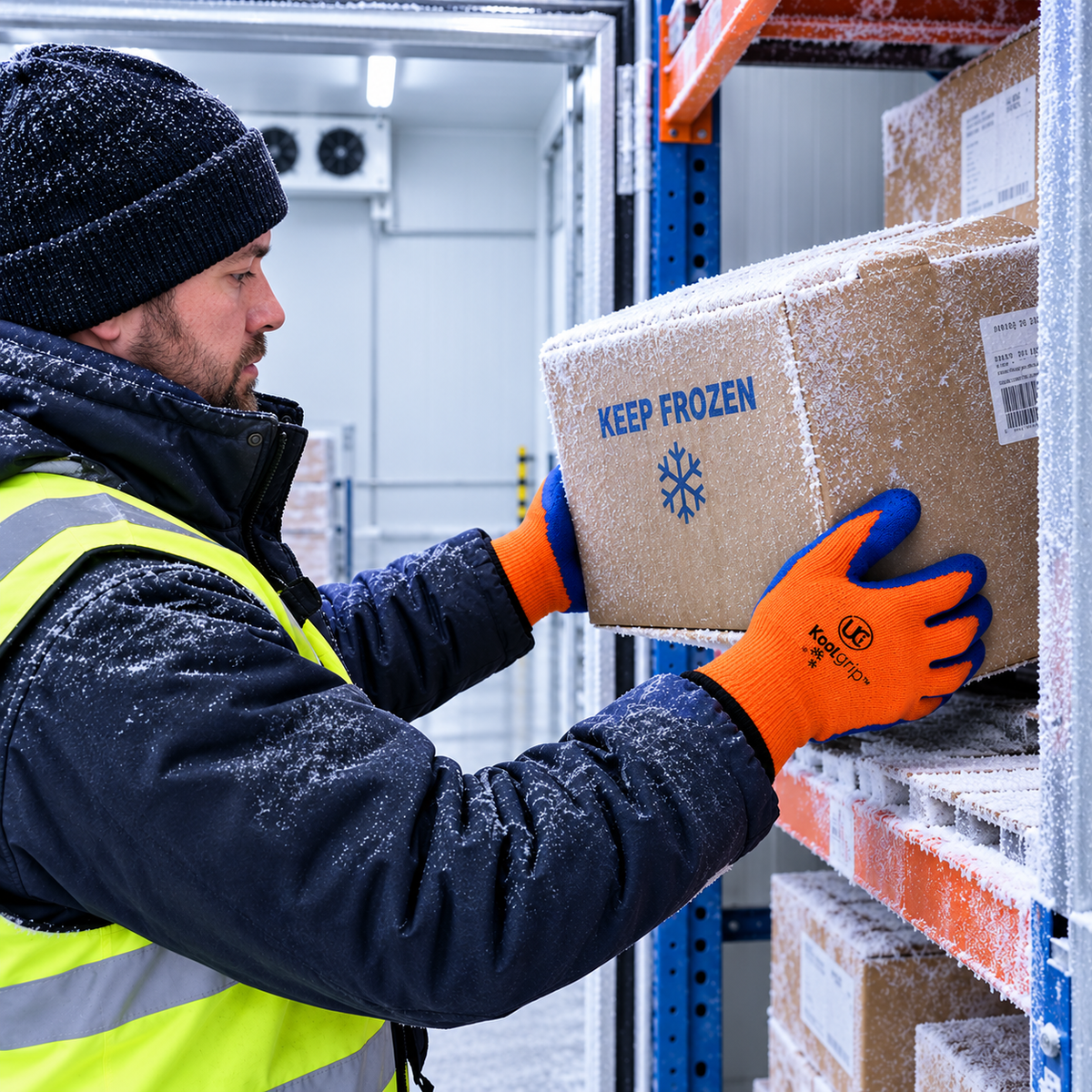 Orange and blue KoolGrip thermal gloves worn while handling a frozen goods box in a cold-storage setting