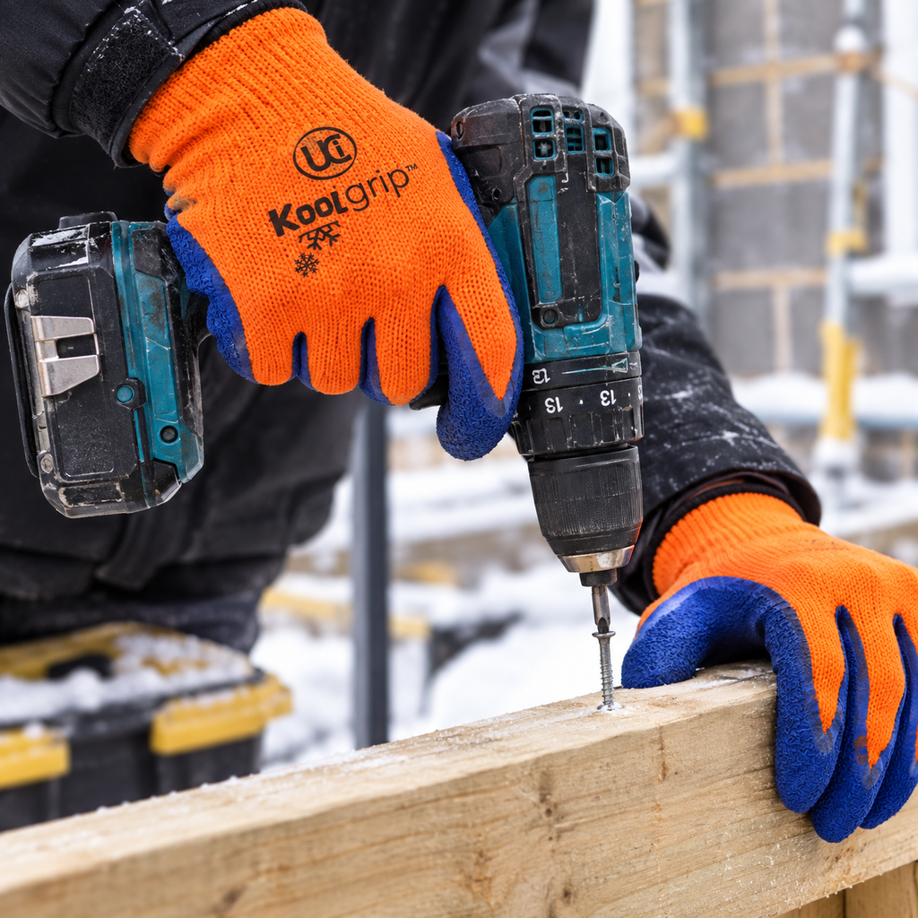 Orange and blue KoolGrip thermal work gloves worn while driving a screw into timber on a cold worksite