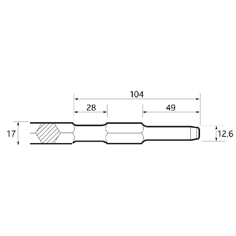 Makita 8035NB HM0810T chisel technical drawing showing 17mm shank, 12.6mm tip and 104mm total length