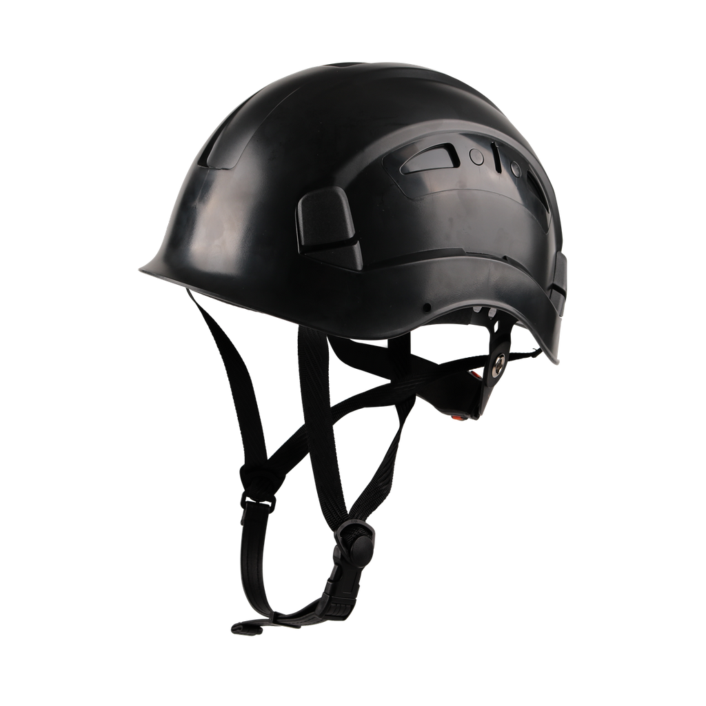 Mavrix Peakmaster black work at height safety helmet – EN12492 certified, lightweight, wheel ratchet, integrated ventilation, chin strap, accessory attachment points