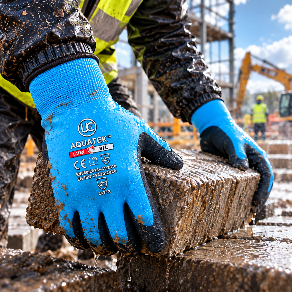 Aquatek waterproof work gloves gripping a wet block on a construction site.