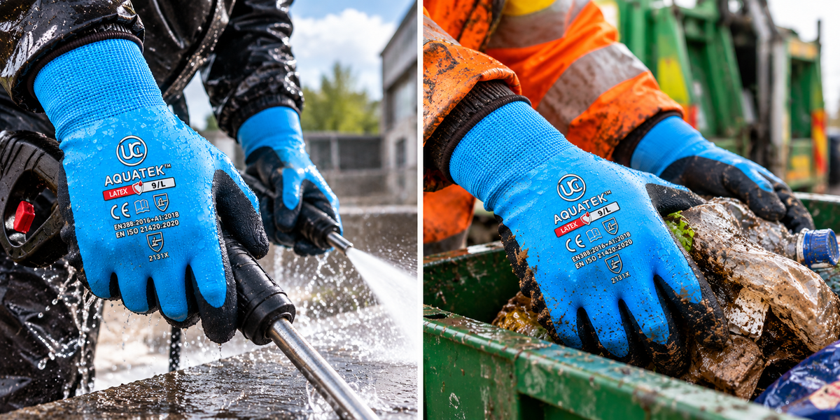 Two in-use views of Aquatek waterproof gloves, pressure washing and handling wet timber.