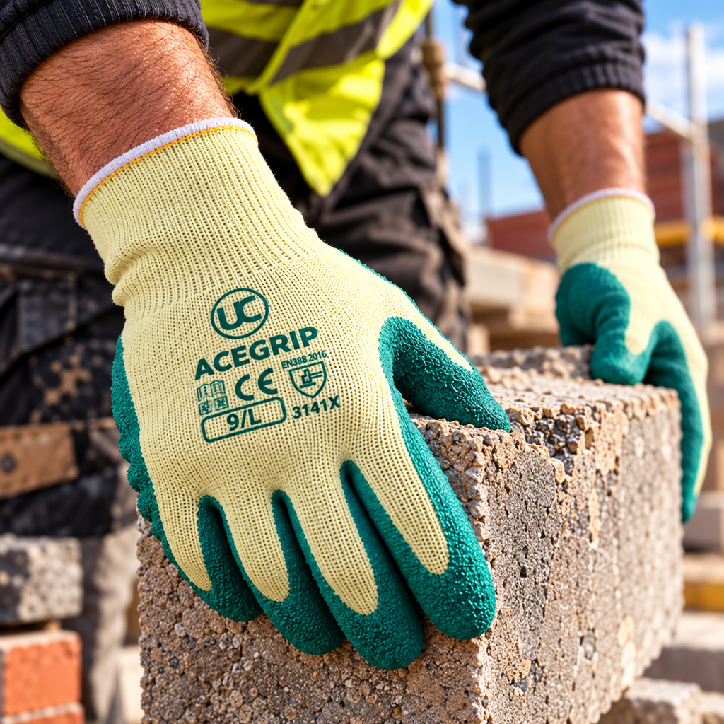 Worker wearing green AceGrip® latex-coated gloves while lifting a concrete block