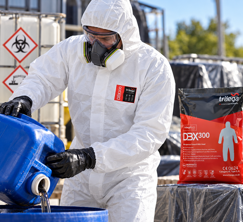 Worker wearing white DBX300 hooded coverall while pouring liquid into a drum