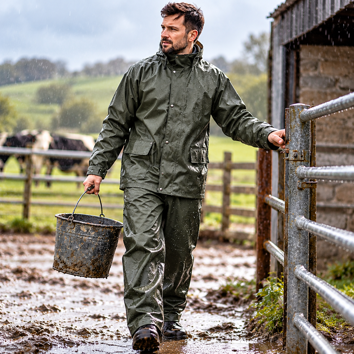 Worker wearing dark waterproof workwear in a wet farmyard and carrying a bucket.