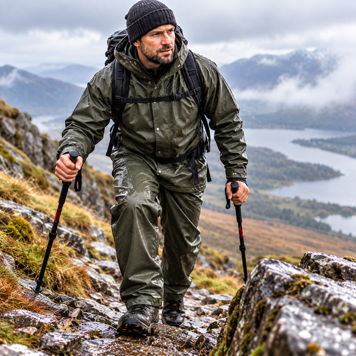 Hiker wearing olive green waterproof jacket and trousers on a wet rocky trail with a backpack and walking poles