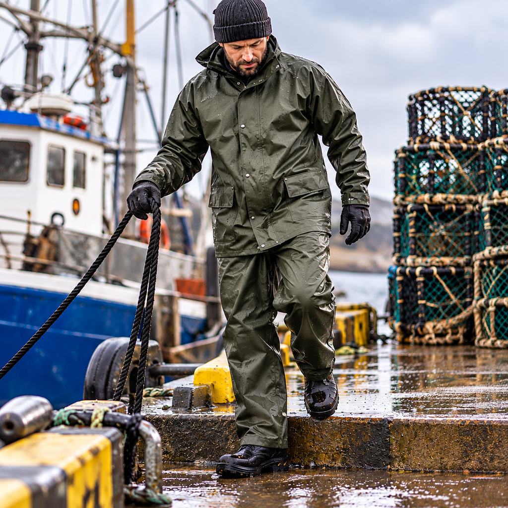Worker wearing dark waterproof workwear and hauling a rope on a wet boat deck.