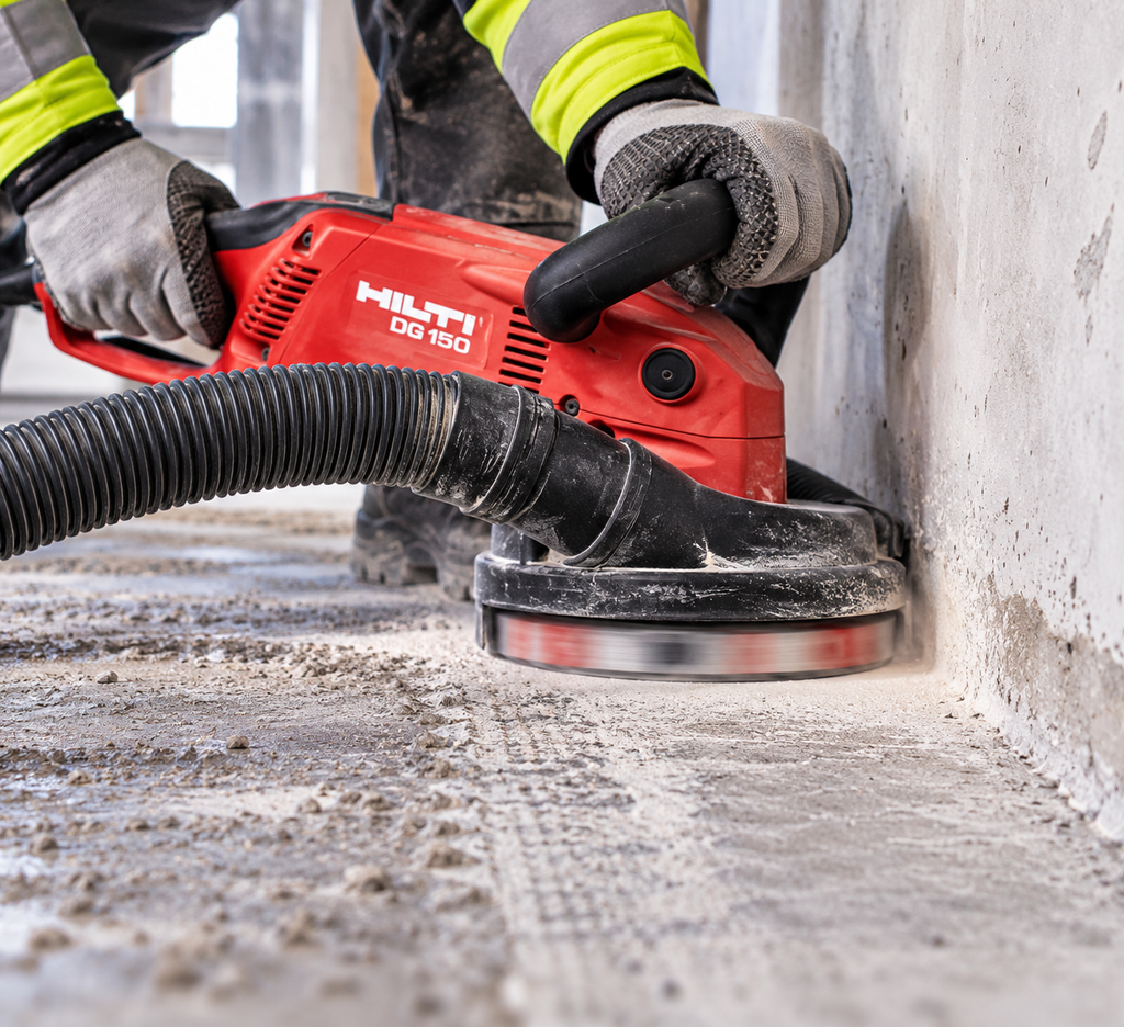 Worker using a Hilti DG150 concrete grinder with dust extraction on a concrete surface