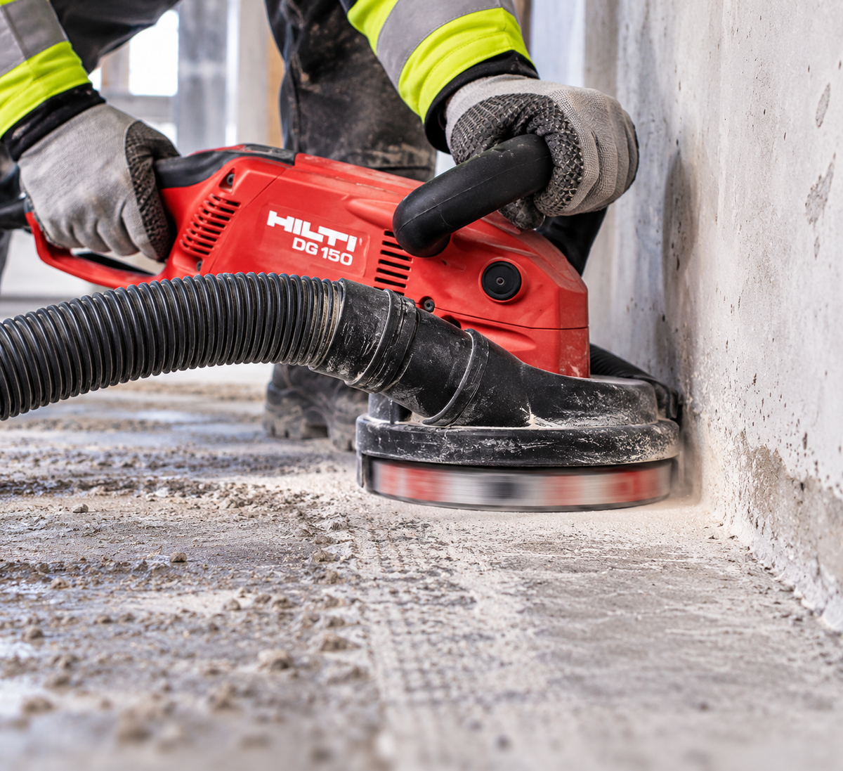 Worker using a Hilti DG150 concrete grinder with dust extraction on a concrete surface