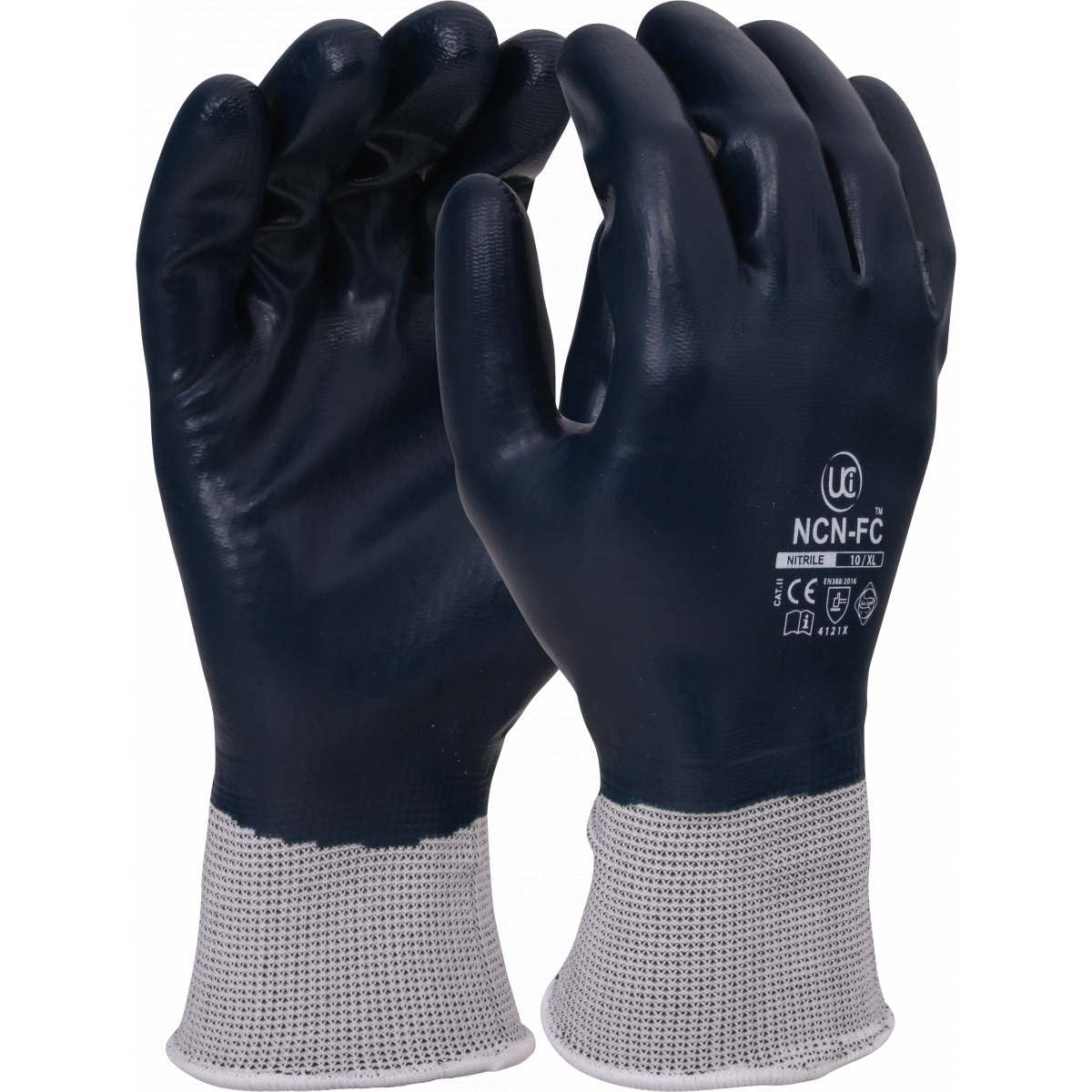 UCI NCN-FC Fully Coated Blue Nitrile Work Gloves – navy nitrile full coating on grey nylon liner, EN388:2016 rated