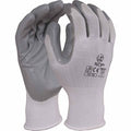 A pair of white knit work gloves with gray nitrile-coated palms and fingers, shown against a plain white background.