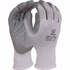A pair of white knit work gloves with gray nitrile-coated palms and fingers, shown against a plain white background.