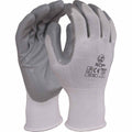A pair of white knit work gloves with gray nitrile-coated palms and fingers, shown against a plain white NCP