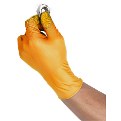 A hand wearing a bright yellow nitrile glove holding a small silver metal ring against a plain white background.