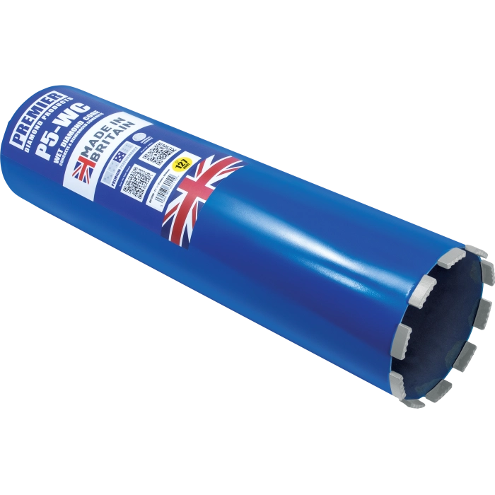 Premier Diamond Products P5-WC premium wet diamond core bit – blue steel body, turret-designed diamond segments, easy-start crown, 1¼" UNC thread, 450mm length, Made in Britain, for concrete and reinforced concrete drilling